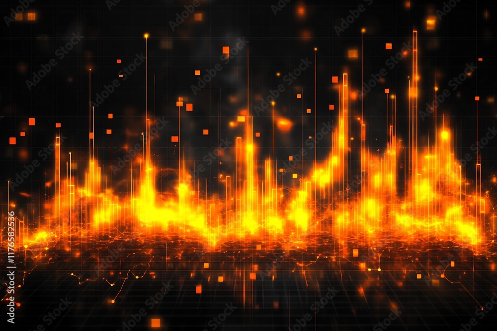 Poster Glowing Orange Particles with Vertical Spike Design on Dark Technological Canvas : Generative AI