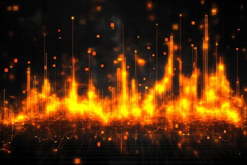 Fototapeta premium Glowing Orange Particles with Vertical Spike Design on Dark Technological Canvas : Generative AI