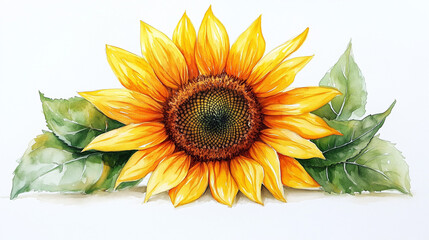 Obraz premium A single watercolor sunflower with bold yellow petals and a detailed brown center, surrounded by soft green leaves, clean white background enhancing the vibrant hues