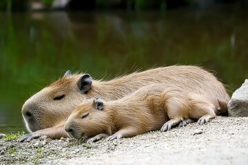 A close-up of a capybara family lounging by a riverbank