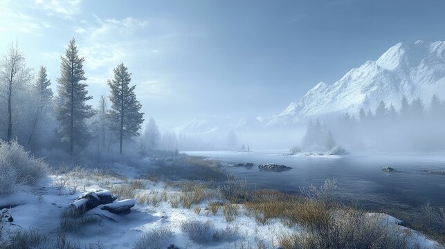 Breathtaking misty snowy landscapes of untouched wilderness with serene mountain vistas and a tranquil frozen lake surrounded by towering pine trees under a frosty atmospheric sky
