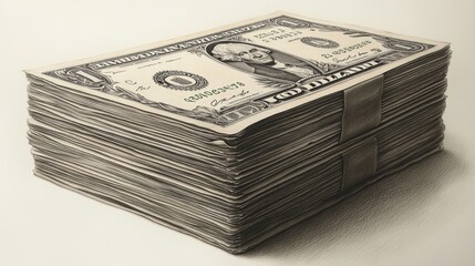 Here's a 10-word description: Large stack of one-dollar bills, meticulously