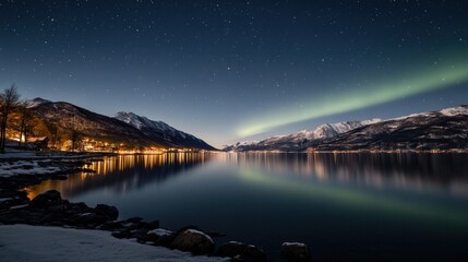 A serene night landscape featuring mountains, a lake, and the northern lights.