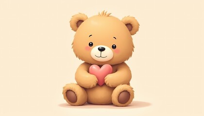Obraz premium Adorable teddy bear holding a heart on a beige background.