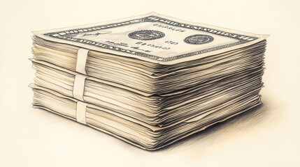 Stacked money, large sum, banded bills.