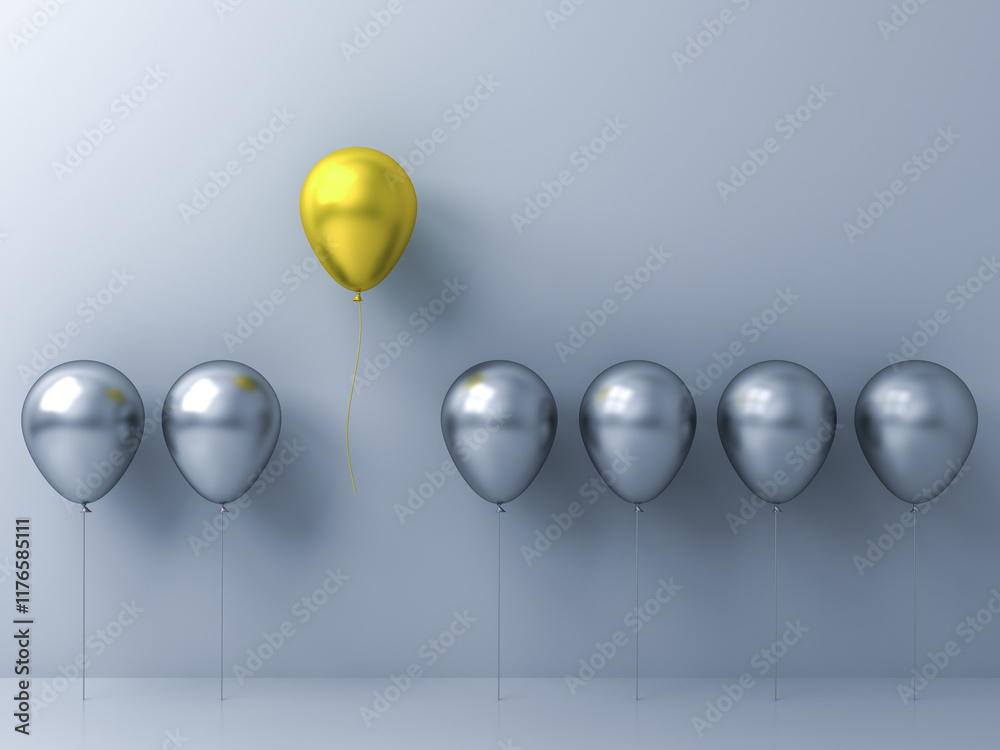 Leinwandbilder standing out from the crowd and different concepts one gold balloon flying away from other silver ba