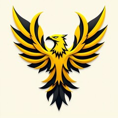 Fototapeta premium Yellow and black phoenix emblem with wings on a light background.