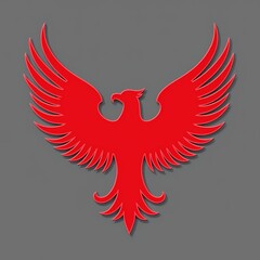 Fototapeta premium Red phoenix logo with spread wings on a gray background.