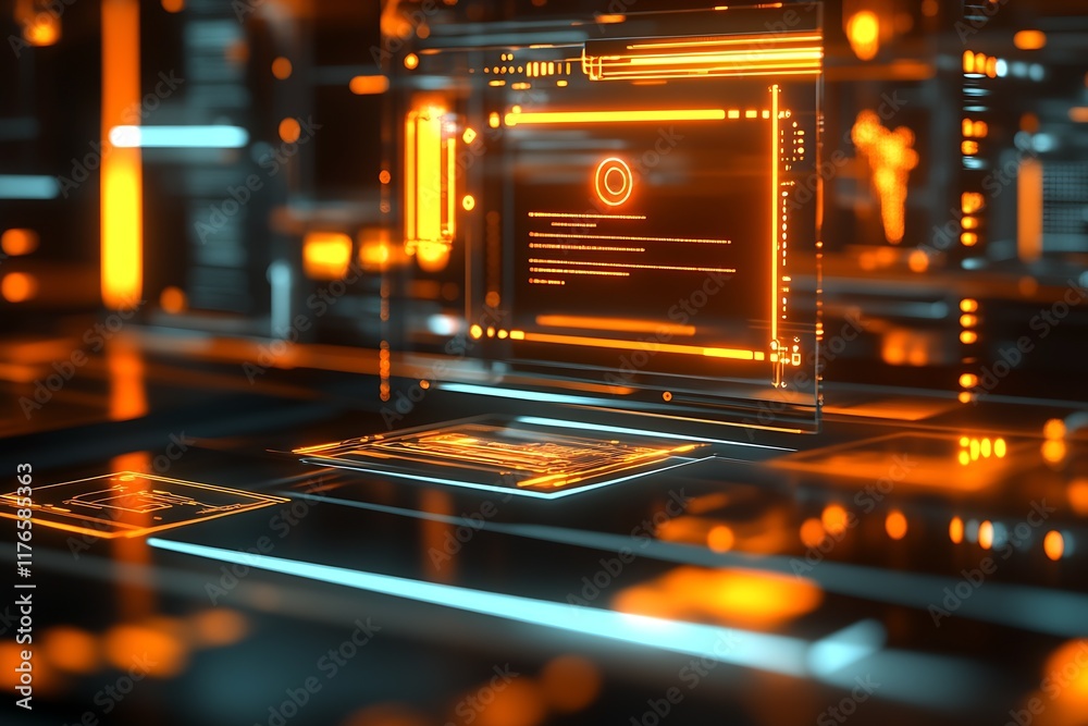 Poster futuristic hud interface with glowing orange holographic screens : generative ai