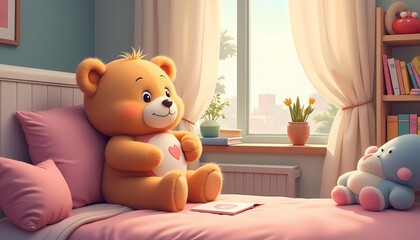 Teddy bear sitting on a pink bed in a cozy sunlit room.