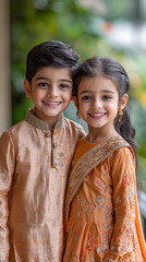 Happy Indian Siblings in Traditional Clothes