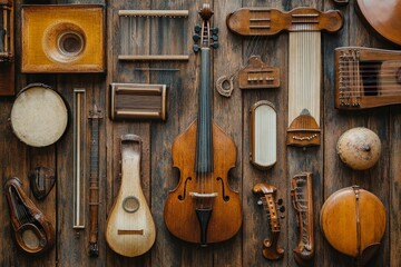 Naklejka premium Antique stringed instruments and percussion arranged on wood.