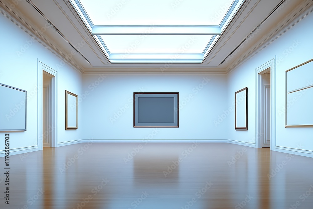 Poster Elegant Art Gallery with Illuminated Walls and Artworks on Display : Generative AI