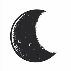 Vintage crescent moon illustration, hand-drawn style, with textured surface and craters.