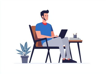 Young Man Working on Laptop While Sitting at Desk in Modern Office