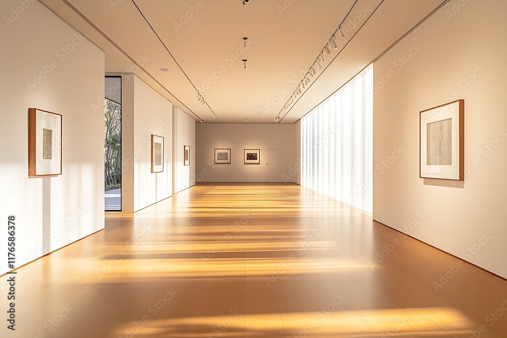 Poster art gallery interior with soft natural light and minimalist design showcasing modern artistic works 