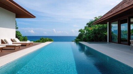 Fototapeta premium Luxurious tropical paradise coastal retreat featuring a stunning villa with captivating ocean views serene ambiance and a serene private pool surrounded by lush greenery and a picturesque landscape