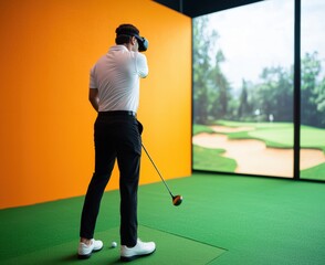 Golfer Using Virtual Reality Simulator to Practice Swing Technique