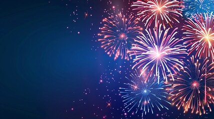 Fototapeta premium Night Sky Fireworks Bright and colorful fireworks in a dark night sky with ample blank space for text