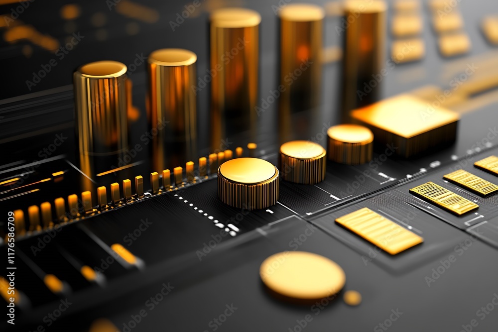 Poster modern audio mixer deck featuring gold and black elements for studios : generative ai