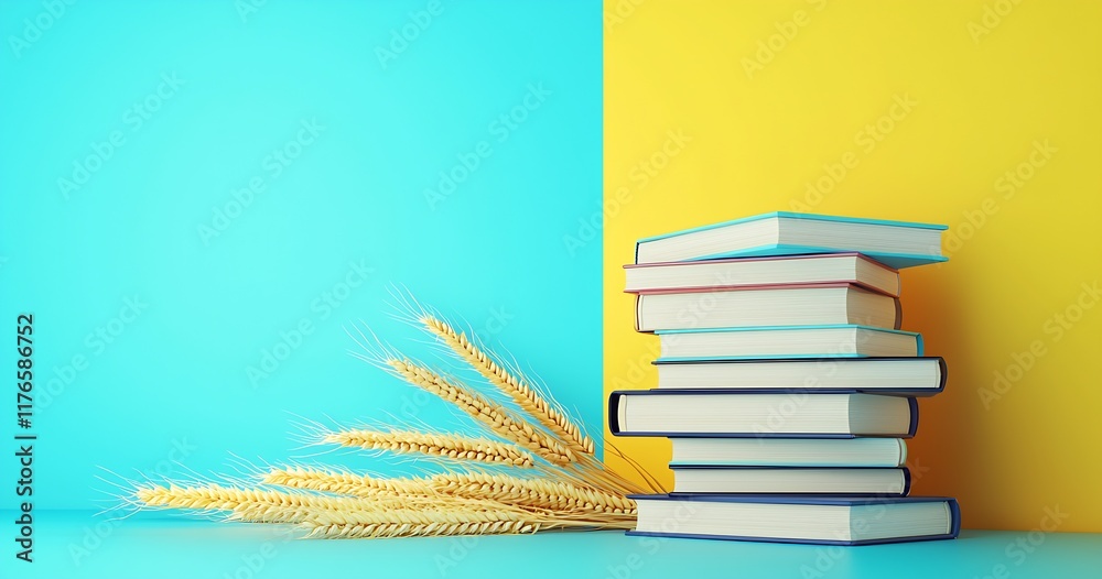 Poster stack of books with wheat on vibrant blue and yellow background for creative education concept : gen
