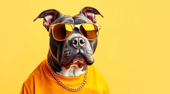 Pitbull wearing sunglasses and gold chain on a yellow background