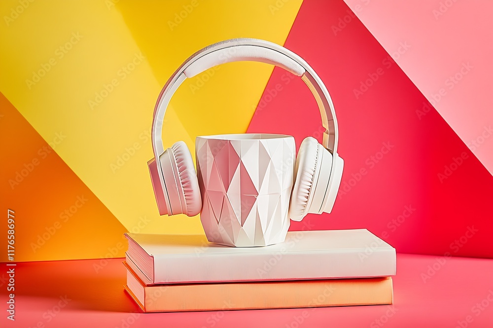 Aufkleber minimalist art with headphones and faceted mug on stacked books in bold color scheme : generative ai