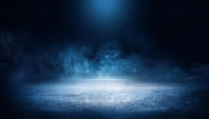 Dark asphalt background with smoke. Illuminated dark stage.