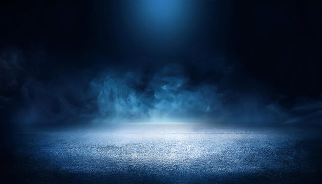 Dark asphalt background with smoke. Illuminated dark stage.