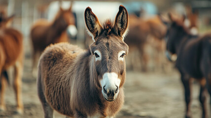A brown donkey with large ears standing in a field