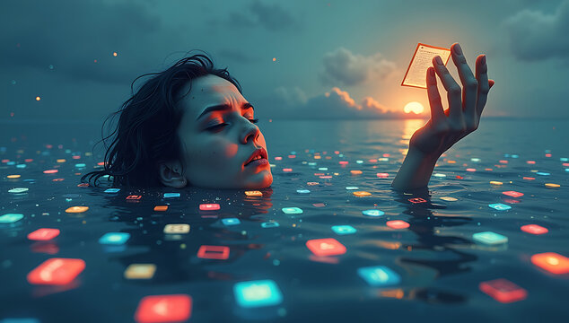 A surreal representation of digital overload, showing a person drowning in a sea of glowing app icons, while their hand reaches out for a faintly visible book on a distant shore.

