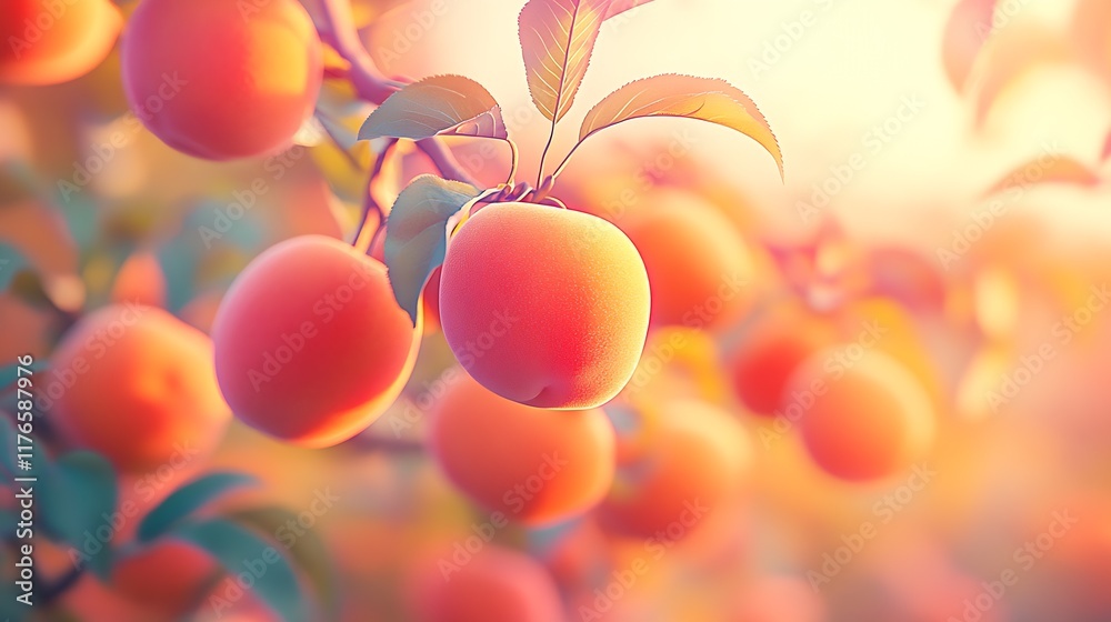 Poster vibrant closeup of sunlit peaches on branch in orchard setting : generative ai