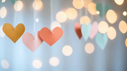 Fototapeta premium A multitude of colorful paper hearts strung together as a festive garland against a blurred background, representing joy, celebration, and love in all its forms.