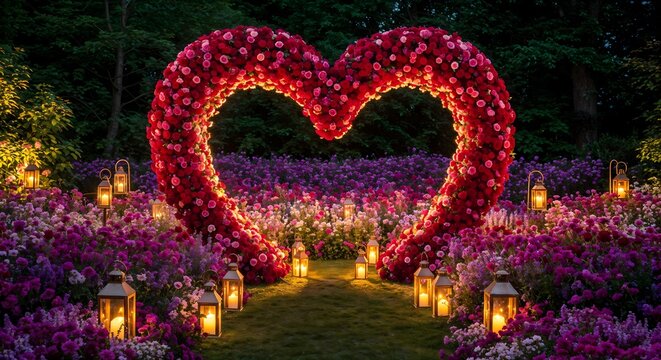 Romantic heart shaped rose arch surrounded by vibrant flowers, glowing lanterns and lush greenery in a scenic garden setting - perfect for weddings, proposals and outdoor romantic celebrations