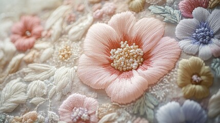 Vintage Floral Embroidery with Delicate Textured Details in Pastel Threads for a Charming Appeal