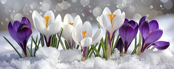White and purple crocuses emerging from the snow in early spring