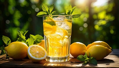Fototapeta premium refreshing glass of lemonade with ice and mint on a sunny table