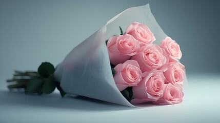 Elegant bouquet of delicate pink roses wrapped in pristine white paper with soft lighting : Generative AI