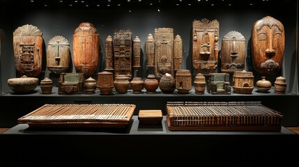 Museum display showcasing a collection of antique wooden artifacts, masks, and musical instruments.