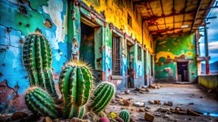 Fototapeta premium Grunge textures meet desert resilience: abandoned buildings, watercolor cacti, urban exploration.