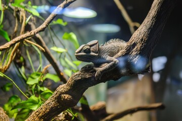 A close-up of a chameleon on a branch, displaying its vivid colors