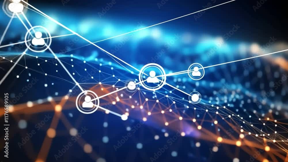 Poster Digital Network: A captivating abstract image of a network of interconnected people represented by icons, symbolizing the global interconnectedness of the digital age.