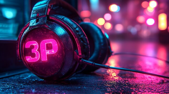 Neon-lit headphones with "3P" logo sit on a dark surface with blurred city lights in the background.