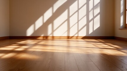 Fototapeta premium Sunlight casts geometric shadows on wooden floor in empty room