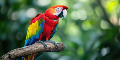 Vibrant Scarlet Macaw Perched on a Branch, a Burst of Color Against Lush Greenery