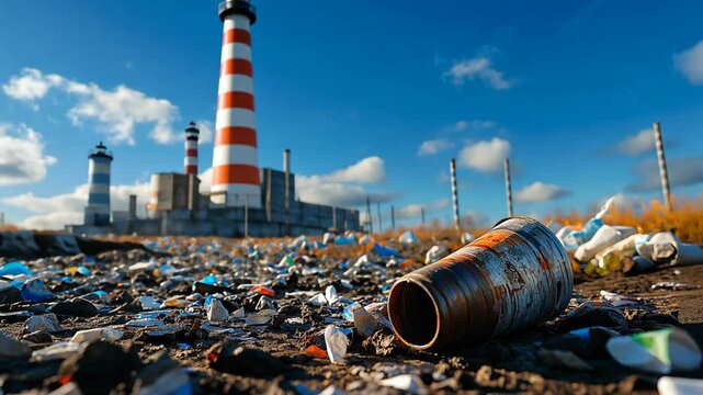 factory with tall chimney and dirty ground full of rubbish, environmental preservation concept 
