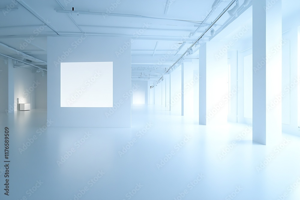 Poster expansive white gallery interior with large windows and soft floor lighting : generative ai