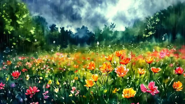 oil painting style artful landscape animation of wildflower field in raining day, flower sway in wind blow beautiful calm paceful