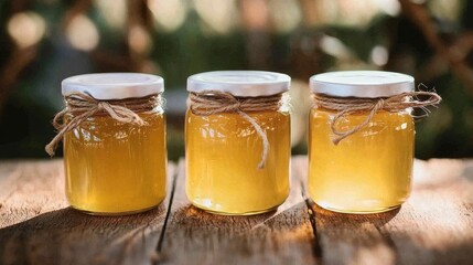 Three jars of golden honey tied with rustic twine- highlighting the natural beauty and simplicity of fresh- organic food products.