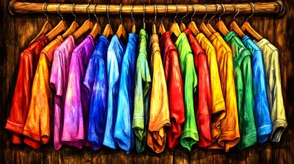 Colorful t-shirts display retail store apparel showcase indoor environment front view fashion trends